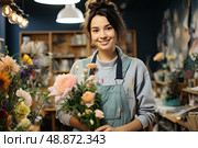 Blooming Beauty: A Floral Symphony Unveiled as a Woman Embraces Natures Fragrant Offering in a Whimsical Florists Wonderland. Стоковое AI-изображение, AI-художник Данила Большаков / Фотобанк Лори