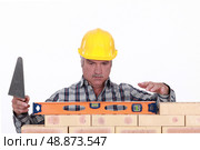 Mason leveling brick wall. Стоковое фото, агентство Ingram Publishing / Фотобанк Лори