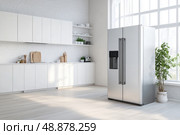 Modern trendy kitchen design with white cabinets. Subway tile backsplash, marble countertop. No brands or labels. Neutral contemporary design. Simply furniture with utensils, crockery, refrigerator. Стоковое AI-изображение, AI-художник Марина Демидюк / Фотобанк Лори