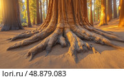 Giant sequoia tree roots basking in golden sunlight at Yosemite National Park. Стоковое AI-изображение, AI-художник Александр Довянский / Фотобанк Лори