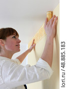 handywoman laying frieze in bedroom. Стоковое фото, агентство Ingram Publishing / Фотобанк Лори