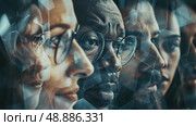 Men and women with eyes visible are looking at viewer with serious expression, faces obscured by blue and white geometric pattern. Стоковое AI-изображение, AI-художник Данила Большаков / Фотобанк Лори