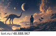 Distant worlds collide as a human surveys an alien landscape with a dinosaur-like creature. Стоковое AI-изображение, AI-художник Михаил Коханчиков / Фотобанк Лори