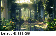 Lush greenery fills a sunlit conservatory with tropical plants and serene water features during a tranquil morning. Стоковое AI-изображение, AI-художник Михаил Коханчиков / Фотобанк Лори