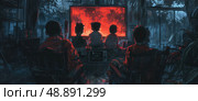 A digital painting depicts four people sitting in a dimly lit room, watching a television screen that displays a fiery scene. The silhouettes of the people are visible against the red light emanating from the screen. Стоковое AI-изображение, AI-художник Данила Большаков / Фотобанк Лори