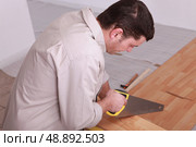 Laborer sawing laminate floor. Стоковое фото, агентство Ingram Publishing / Фотобанк Лори