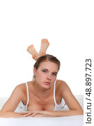 young sulky blonde in underwear. Стоковое фото, агентство Ingram Publishing / Фотобанк Лори