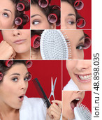 Montage of brunette styling her hair. Стоковое фото, агентство Ingram Publishing / Фотобанк Лори