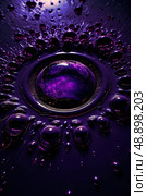 Cosmic Droplets on a Purple Horizon, miniature universe within beads of water, each reflecting and refracting light to create a cosmic display on a violet surface. Стоковое AI-изображение, AI-художник Данила Большаков / Фотобанк Лори