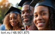 Gathering of people dressed in graduation attire, donning caps and gowns in preparation for a commencement ceremony. Стоковое AI-изображение, AI-художник Данила Большаков / Фотобанк Лори