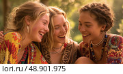 A group of young women of varied ethnicities and styles sitting closely next to each other, engaged in conversation, with smiles on their faces. Стоковое AI-изображение, AI-художник Данила Большаков / Фотобанк Лори