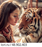Image portrait of pretty young woman hugging wild tiger. Relationship between man and animals. Wild animals in a natural wildlife habitat. Animal protection, volunteering, nurseries, zoos. Стоковое AI-изображение, AI-художник Анна Сивакова / Фотобанк Лори