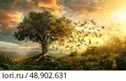 Concept: Prosperity & Growth. A flourishing tree shedding money leaves in a golden landscape, an allegory for financial abundance and successful investment. Стоковое AI-изображение, AI-художник Данила Большаков / Фотобанк Лори