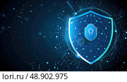 Blue shield with a prominently displayed lock symbol, indicating security and protection. Стоковое AI-изображение, AI-художник Данила Большаков / Фотобанк Лори