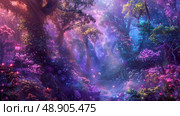 Neon painting of dense forest filled with abundance of trees, creating lush and vibrant natural setting. Стоковое AI-изображение, AI-художник Данила Большаков / Фотобанк Лори