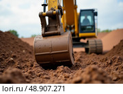 An excavator bucket engages with the rich brown earth at a busy construction site, showcasing the power of heavy machinery under a cloudy sky during afternoon hours Generative AI. Стоковое AI-изображение, AI-художник Юлия Петровская / Фотобанк Лори