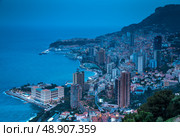 Monaco, Monte-Carlo, 05 april 2016: Monte-Carlo aerial view, night lights, night city, port Hercule, Prince Palace of Monaco, mountain, skyscrapers, mediterranean sea. Стоковое фото, фотограф Vladimir Drozdin / Фотобанк Лори