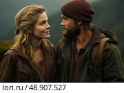 Harmony in Union: A man and a woman stand in perfect synchronization, emanating an aura of profound connection and understanding outdoors. Стоковое AI-изображение, AI-художник Данила Большаков / Фотобанк Лори