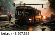 Twilight Havoc: City Bus Amidst Urban Destruction, In fading light of dusk, damaged city bus stands eerily in the middle of desolate street, surrounded by the aftermath of chaos. Стоковое AI-изображение, AI-художник Данила Большаков / Фотобанк Лори