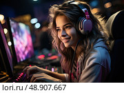 Harmonic Immersion: happy woman, immersed in the world of music, wearing headphones and focused on using a computer. Стоковое AI-изображение, AI-художник Данила Большаков / Фотобанк Лори
