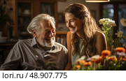 Golden Hour Bonding: A Young Woman Shares a Joyful Moment With an Elderly Man Indoors. Стоковое AI-изображение, AI-художник Данила Большаков / Фотобанк Лори