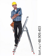 Tradesman standing on a stepladder. Стоковое фото, агентство Ingram Publishing / Фотобанк Лори