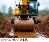 Rainwater collects in muddy trenches as the excavator bucket digs deep into the rich earth, preparing for a new construction project in a rural area Generative AI. Стоковое AI-изображение, AI-художник Юлия Петровская / Фотобанк Лори