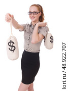 Young businesswoman with money sacks on white. Стоковое фото, агентство Ingram Publishing / Фотобанк Лори