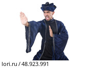 Old martial arts master in blue kimono on white. Стоковое фото, агентство Ingram Publishing / Фотобанк Лори