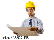 Engineer working with drawings on white. Стоковое фото, агентство Ingram Publishing / Фотобанк Лори
