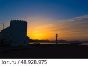Denia Las Marinas sunset beach in Punta Molins at Alicante Mediterranean Spain. Стоковое фото, агентство Ingram Publishing / Фотобанк Лори