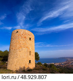 Javea Xabia Molins de la Plana old masonry windmills Alicante Spain. Стоковое фото, агентство Ingram Publishing / Фотобанк Лори
