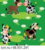 Seamless pattern with cute cartoon cows on green background. Ready to use as swatch. Стоковая иллюстрация, агентство Ingram Publishing / Фотобанк Лори