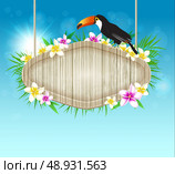 Summer vector tropical background with toucan and wooden banner. Стоковая иллюстрация, агентство Ingram Publishing / Фотобанк Лори