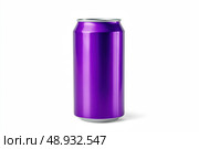 One purple aluminum can of soda isolate on white background. Front view. Recycle metal can mock-up, template. Beer, carbonated water, cola, energy drinks can isolated with shadow. Recycling. Closeup. Стоковое AI-изображение, AI-художник Марина Демидюк / Фотобанк Лори