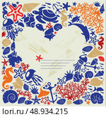 Background heart is surrounded of fishes, dolphins, shells, corals, meduses, seahorses. Стоковая иллюстрация, агентство Ingram Publishing / Фотобанк Лори