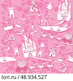 seamless pattern with fairytale land - castles, lakes, roads, mills,carriages and horses - Pink princess background. Стоковая иллюстрация, агентство Ingram Publishing / Фотобанк Лори