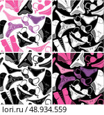 Set of seamless patterns - Silhouettes of glamor underclothes and accessories. Sexy lingerie background for fashion or retail design.  Ready to use as swatch. Стоковая иллюстрация, агентство Ingram Publishing / Фотобанк Лори