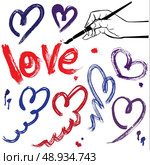 Set of brush strokes and scribbles in heart shapes and word LOVE - sketch elements for Valentines Day design. Стоковая иллюстрация, агентство Ingram Publishing / Фотобанк Лори
