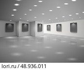 Empty white hall interior with blank black canvases vector illustration. Стоковая иллюстрация, агентство Ingram Publishing / Фотобанк Лори