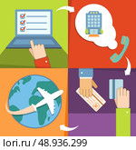 Business reservation and booking icons set with hands for vacation trip payment and ticket purchase vector illustration. Стоковая иллюстрация, агентство Ingram Publishing / Фотобанк Лори