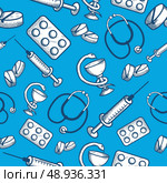 Seamless pattern of medical items of phonendoscope pills and syringe isolated vector illustration. Стоковая иллюстрация, агентство Ingram Publishing / Фотобанк Лори
