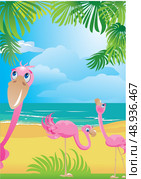 Portrait border with flamingos on beautiful tropical beach. Стоковая иллюстрация, агентство Ingram Publishing / Фотобанк Лори