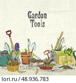Hand drawn gardening tools album cover border or frame for plants flowers farming and agriculture vector illustration. Стоковая иллюстрация, агентство Ingram Publishing / Фотобанк Лори