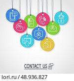 Contact us cardboard labels and tags set of email phone communication and representative person vector illustration. Стоковая иллюстрация, агентство Ingram Publishing / Фотобанк Лори