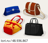 Fashion collection of classic woman's bags of bright beach bag handbag purse and pouch isolated vector illustration. Стоковая иллюстрация, агентство Ingram Publishing / Фотобанк Лори