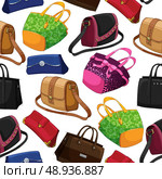 Seamless woman's fashion bags handbag clutch pouch and satchel pattern background vector illustration. Стоковая иллюстрация, агентство Ingram Publishing / Фотобанк Лори