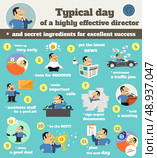 Business life executive chief officer director schedule typical workday from dusk till down infographics vector illustration. Стоковая иллюстрация, агентство Ingram Publishing / Фотобанк Лори
