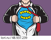 Disguised hidden comic book superhero businessman tearing his shirt concept vector illustration. Стоковая иллюстрация, агентство Ingram Publishing / Фотобанк Лори