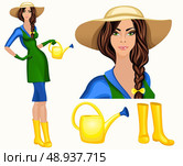 Attractive young gardener woman standing in wide brim hat and wellingtons with watering can vector illustration. Стоковая иллюстрация, агентство Ingram Publishing / Фотобанк Лори